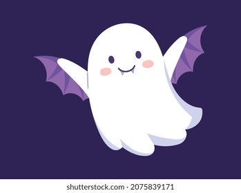 Cute ghost with wings. Spirit, bat, curious and cheerful spirit. Nightmare, horror, Halloween badges. Graphic elements for social networks, stickers. Boy, children. Cartoon flat vector illustration