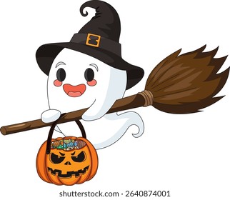 Cute Ghost With Witch Broom And Candy Basket Halloween Vector