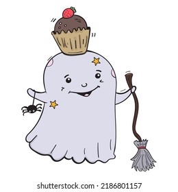 Cute ghost with a witch broom and a sweet cupcake