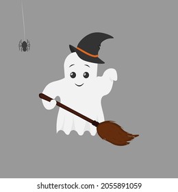 A cute ghost in a witch hat with a broom looks at small black spider descending on a web. Halloween vector illustration