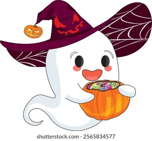 Cute Ghost With Witch Hat And Candy Basket Vector