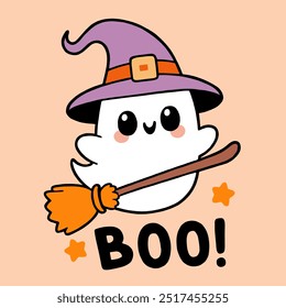 Cute Ghost in Witch Hat Flying on Broomstick with Boo Text Halloween Illustration.