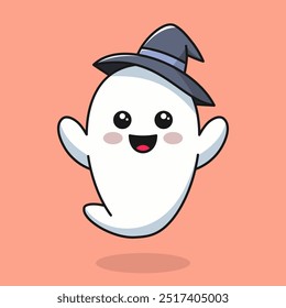 Fantasma bonito no Chapéu de Bruxa. Plano de fundo do Halloween. Ilustração de vetor