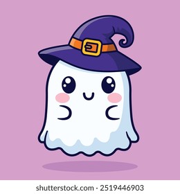 Fantasma lindo con el sombrero de la bruja - Ilustración vectorial linda de la historieta de Halloween