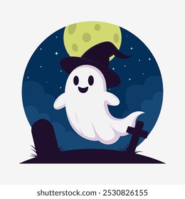 Cute Ghost in Witch Hat. Halloween Background. Vector Illustration