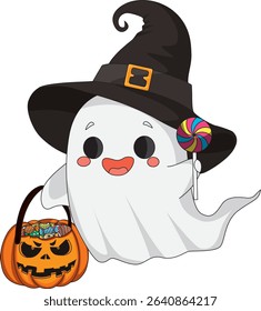 Cute Ghost With Witch Hat Holding Candy Basket Vector