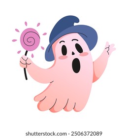 Cute ghost in witch hat with lollipop. Cartoon poltergeist emoji funny death face. Happy Halloween design character Trick or treat. Cartoon spooky baby character. Vector illustration for greeting card