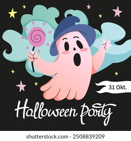 Fantasma bonito com chapéu de bruxa com pirulito. Modelo quadrado de feriados de Halloween. Postagem de mídia social para convite. Confundir ou tratar o fundo. Letras da festa de Halloween. Elementos assustadores. Ilustração vetorial.