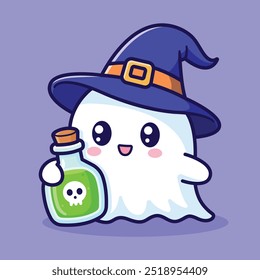 Cute Ghost with Witch Hat and Potion | Halloween Vector Illustration