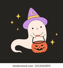 Fantasma bonito no chapéu de bruxa com cesta de abóbora com doces de Halloween. Truque ou Trate. Feliz Dia das Bruxas. Ilustração vetorial em estilo plano