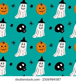 Cute ghost in a witch hat, skull, pumpkin, spider and star seamless pattern for Halloween holiday. Haloween background for children textile, paper design.