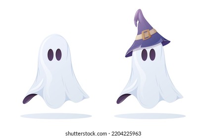 Un fantasma lindo con y sin un sombrero de hechicería. Ilustración vectorial de dibujos animados para Halloween.