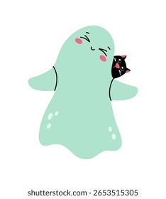 Lindo fantasma con un gato. Clipart. Feliz Halloween. Нy dibujado vecto