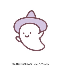 Cute ghost wizard icon. Hand drawn illustration of a ghost in a witch hat isolated on a white background. Kawaii halloween sticker. Vector 10 EPS.