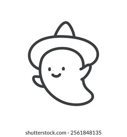 Cute ghost wizard icon. Hand drawn monochrome illustration of a ghost in a witch hat isolated on a white background. Vector 10 EPS.