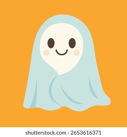 Fantasma bonito envolto em um cobertor em estilo plano mínimo. Arte vetorial desenhada à mão.