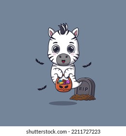 Cute ghost zebra holding pumpkin basket full of candies