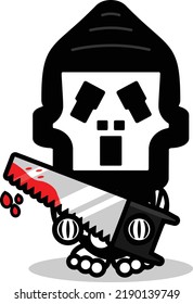 cute ghostface bone mascot character cartoon vector illustration holding bloody saw machine