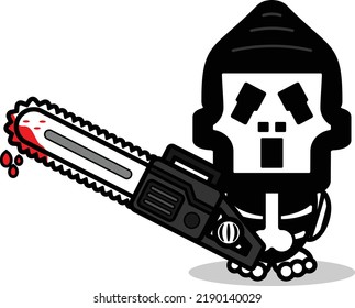 cute ghostface bone mascot character cartoon vector illustration holding bloody saw machine