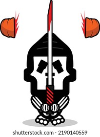 caricatura del personaje de la mascota hueso de la cara linda ilustración vectorial sosteniendo una espada sangrienta