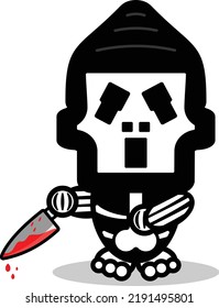 süße Ghostface-Knochen-Maskottchen-Zeichenkarte, Vektorgrafik, die ein blutiges Messer hält
