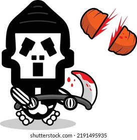 cute ghostface bone mascot character cartoon vector illustration holding bloody sickle