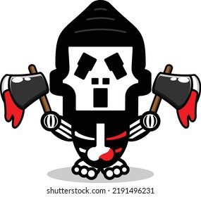 cute ghostface bone mascot character cartoon vector illustration holding bloody ax