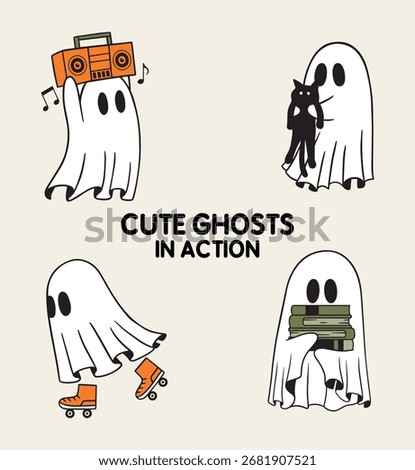 Cute Ghosts in Action - A cheerful group of ghosts reading books, skating, cuddling a cat, and jamming to music in a playful seasonal illustration.