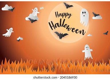 Rutsche Geister und Fledermäuse fliegen zu Halloween. Illustration Mondlicht.