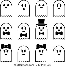 Cute Ghosts Bundle. Halloween Ghosts. Angry and Happy White Ghosts with Black Outlines. Ghosts with Bows, Top Hats, and Bow Ties. 