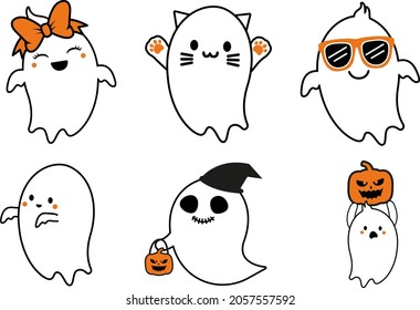 Cute ghosts bundle- Halloween hand drawn on t-shirt design, greeting card or poster design Background Vector Illustration.
