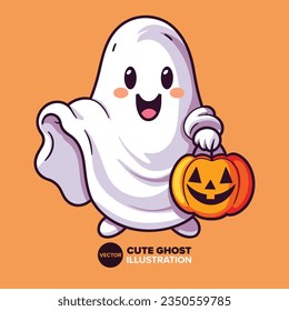 Cute Ghost's Candy Adventure: Pumpkin Cartoon Illustration in Perfect Flat Style for Poster, Card, Decoration, and Print