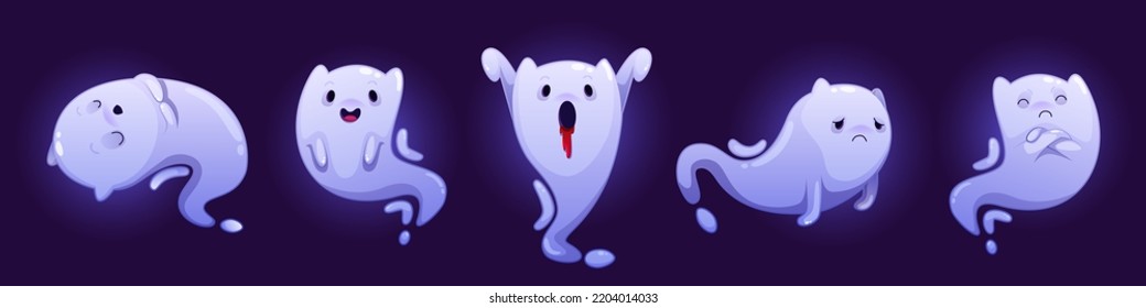 Cute Ghosts, Cartoon Halloween Characters Set. Funny Eared Spook Creature Emotions. Spooky Spirits, Smile, Sleep, Arrogant, Frighten With Bleeding Mouth. Adorable Fantasy Vector Monster Personages