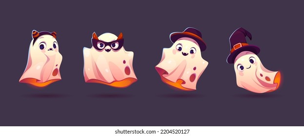 Cute Ghosts, Cartoon Halloween Characters Set. Funny Kawaii Spooks Creatures Wear Different Hats And Headwear. Spooky Smiling Spirits, Adorable Fantasy Monsters, Phantom Personages Vector Illustration