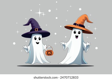 Cute ghosts celebrate Halloween party with pumpkin and witch hat vector illustration. Holidays cartoon character. Cute spooky ghosts. Spooky ghosts in a halloween hat. Witch hats