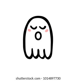 Cute ghosts with closed eyes, blush and open mouth. Hand drawn illustration. Print for Halloween.