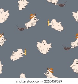 Cute Ghosts In Cloth. Halloween Scary Ghostly Monsters. Cartoon Spooky Characters. Holiday Silhouettes. Hand Drawn Trendy Vector Seamless Pattern. Square Background, Wallpaper