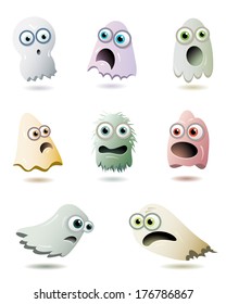 Cute Ghosts Collection- Set of eight cute and funny ghosts isolated on white background vector illustration.