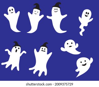 Cute ghosts collection. Set of flat Halloween scary ghostly monsters. 