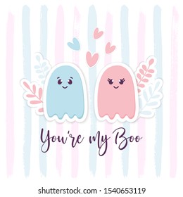Cute Ghosts couple in love. You're My Boo message. Little Spirit Boy and Girl on brush ink backdrop. Nursery wallpaper, kids background, sticker, fashion. Smiling Cartoon character. Printable Vector