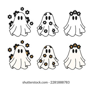 Cute Ghosts With Daisies Vector, Spooky Season, Halloween