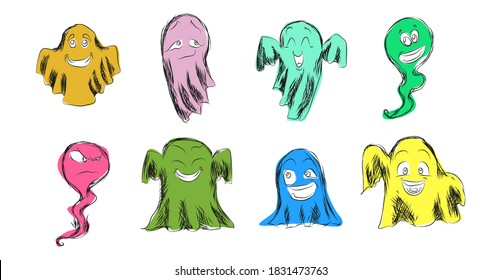 Cute ghosts with different emotions and colors