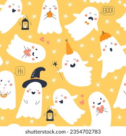 Cute  ghosts with different emotions and face expressions seamless pattern. White scary spirits in cartoon style. Vector illustrations for Halloween 