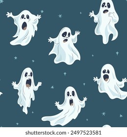 Cute ghosts with different emotions Halloween hand drawn seamless pattern. Kids cartoon flat vector repeat background for gift paper, packaging, wallpaper.