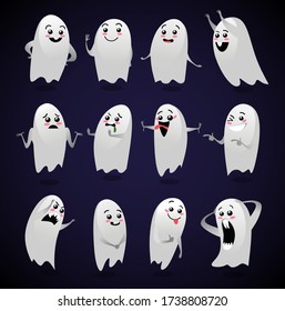 Cute ghosts with different facial expressions vector illustration. Halloween character with various emotions flat style. Kind monsters. Autumn holiday concept. Isolated on black background