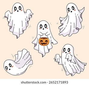 Cute Ghosts Dynamic Drawings. Halloween Trick or Treating Cartoon Character Art