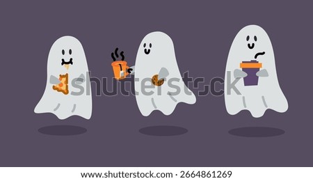 Cute ghosts eating pizza, drinking coffee and holding a coffee. Halloween character vector illustrations. 