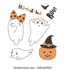 Cute ghosts flat vector illustrations set. Flying bat, frightened spook specter in glasses, laughing ghost wearing bow, pumpkin in hat isolated cliparts pack. Halloween characters on white background