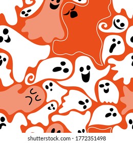 Cute ghosts fly on an orange background. Perfumes celebrate Halloween. Seamless pattern for holiday gift wrapping, wallpaper, textile print, wrapping paper, cover, web. Vector doodle style doodle.