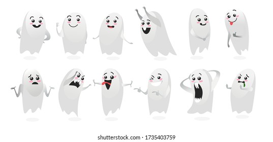 Cute ghosts with funny facial expressions vector illustration. Halloween character with various emotions flat style. Kind monsters making faces. Isolated on white background